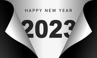 Happy New Year 2023. Hanging golden 3D numbers with ribbons and confetti on a defocused colorful, bokeh background. vector