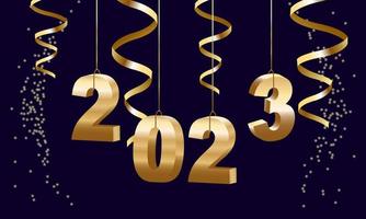 Happy New Year 2023. Hanging golden 3D numbers with ribbons and confetti on a defocused colorful, bokeh background. vector