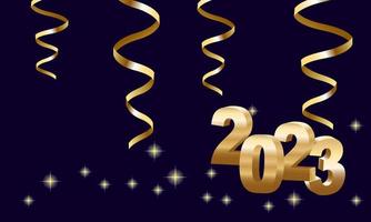 feliz año nuevo 2023. colgando números dorados en 3d con cintas y confeti sobre un fondo colorido y desenfocado. vector