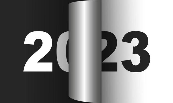 Happy New Year 2023 greeting card design template. End of 2022 and beginning of 2023. The concept of the beginning of the New Year. The calendar page turns over and the new year begins.