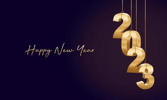 Happy New Year 2023. Hanging golden 3D numbers with ribbons, Modern Happy New Year Background vector