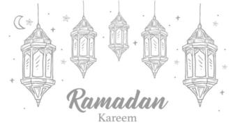 Ramadan Kareem greeting card with one line islamic ornament. Vintage hand drawn vector illustration Isolated on white background.