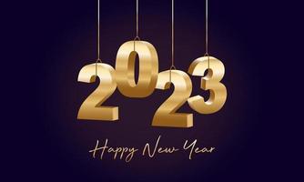 feliz año nuevo 2023. números 3d dorados colgantes con cintas, fondo moderno feliz año nuevo vector