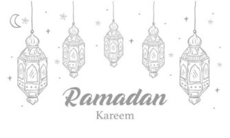 Ramadan Kareem greeting card with one line islamic ornament. Vintage hand drawn vector illustration Isolated on white background.