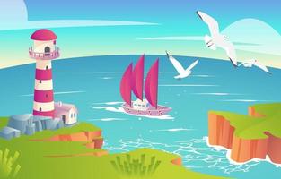 Sea Scenery with Lighthouse and Ship vector