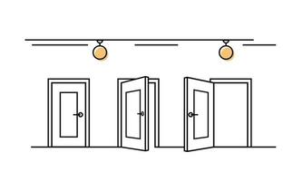 Doors Closed and Open line icons. Finding a choice, way out and  Select the way to achieve. Alternative doorway in front view. Vector illustration on white background