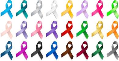 Set of realistic different color ribbon awareness ribbons. vector