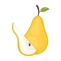 peras vectoriales amarillas, sobre un fondo blanco, en estilo de dibujos animados, una pera entera y la mitad de una pera con hojas verdes. vector