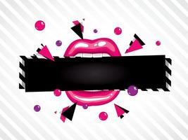 Pink fashionable mouth is holding black tag vector art that you can place your text.