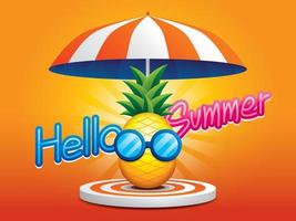 The pineapple wears sunglasses on a cylinder podium with beach umbrella. Summer illustration vector. vector