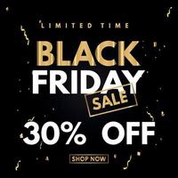Black Friday Sale sign, up to 30 percent off discount limited time offer. Black Friday sale vector illustration, Black and gold theme