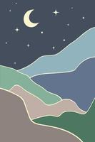 Minimalist landscape. Night in the mountains, moon and stars in the dark sky. vector