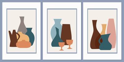 Template with an abstract composition of different vases and pots of simple shapes. Collage style, Boho minimalism vector