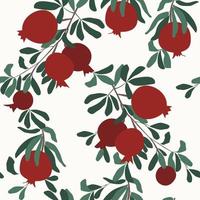 Seamless vector pattern. Red pomegranate fruit on a branch with leaves. Simple abstract shapes, minimalism. Fruit harvest.