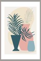 Template with abstract composition of simple shapes. tropical palm leaves in a vase. Collage style, minimalism. vector