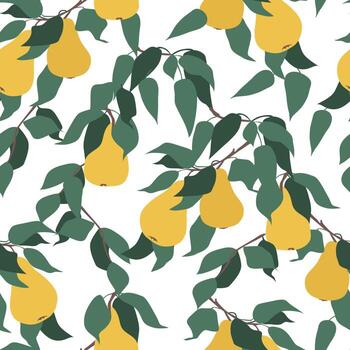 Seamless vector pattern. Fruits of a yellow ripe pear on a branch with leaves. Simple abstract shapes, minimalism. Fruit harvest