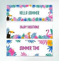 conjunto de diseños horizontales de verano con elementos dibujados a mano para pancartas, cartas, invitaciones, mensajes, redes sociales, tarjetas. ilustración vectorial espacio para texto. hola letras de verano vector