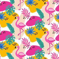 Hand drawn tropical seamless pattern with palm tree, monster leaves and pink flamingo on white background. Vector illustration