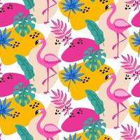 Hand drawn tropical seamless pattern with palm tree, monster leaves and pink flamingo on white background. Vector illustration