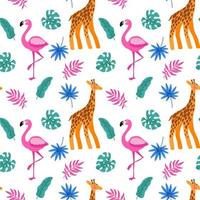 Hand drawn tropical seamless pattern with palm tree, monster leaves, giraffe and pink flamingo on white background. Vector illustration