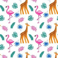 Hand drawn tropical seamless pattern with palm tree, monster leaves, giraffe and pink flamingo on white background. Vector illustration