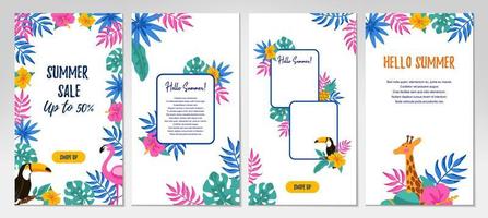 Set of social media stories templates with hand drawn elements. Vertical summer design for letters, invitation, messages, social media, cards. Vector illustration. Space for text