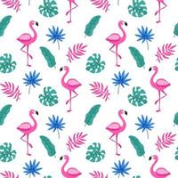 Hand drawn tropical seamless pattern with palm tree, monster leaves and pink flamingo on white background. Vector illustration