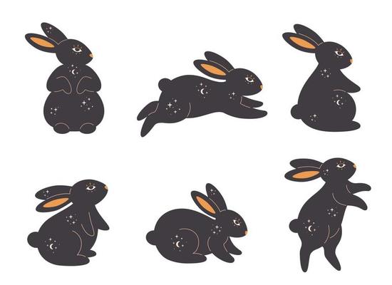 Set of of rabbits with esoteric, mystic, magician elements. Year of the Rabbit.