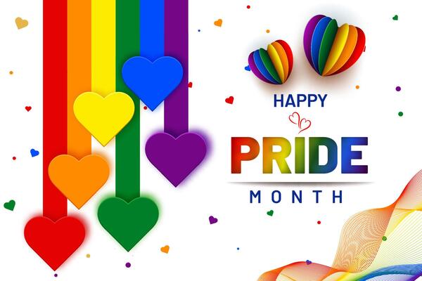 happy pride month banner illustration with heart shapes