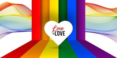 orgullo feliz amor es amor banner ilustración con corazón blanco en el escenario del arco iris