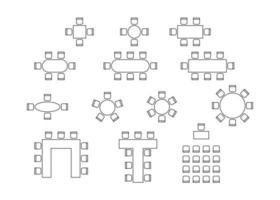 conjunto de planes para organizar asientos en el interior, elementos de esquema gráfico de diseño. iconos de sillas y mesas en el plan arquitectónico del esquema. muebles de oficina y hogar, vista superior. ilustración de línea vectorial vector