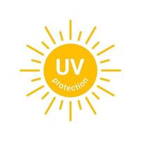 Yellow sun with inscription uv protection icon, sunblock from sunshine and solar burn. Circle full sun and sunlight. Hot solar energy for tan. Vector sign