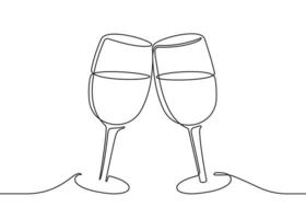 Two wine glasses clink, continuous black one line drawing. Vector illustration