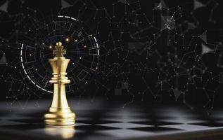ajedrez rey dorado parado solo en tablero de ajedrez y fondo oscuro con línea de conexión para idea de estrategia y concepto futurista. foto