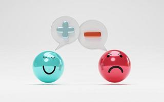 Isolate of blue smile face with plus sign and red angry with minus sign for positive and negative thinking mindset and happy life concept by 3d render. photo