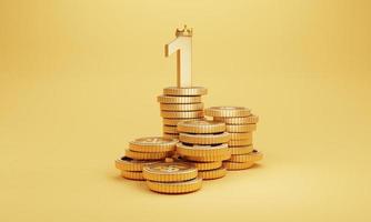 Golden number one with gold crown on coin stacking for the richest from saving and growth investment concept by 3d render. photo