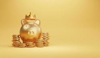 piggy dorado con corona y monedas apiladas sobre fondo amarillo para el ahorro y el concepto de inversión de ganancias por 3d render. foto
