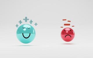 Isolate of blue smile face with plus sign and red angry with minus sign for positive and negative thinking mindset and happy life concept by 3d render. photo