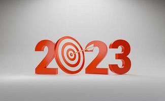 Año 2023 con tablero de dardos para configurar el objetivo comercial objetivo objetivo de comenzar el concepto de año nuevo por renderizado 3d. foto