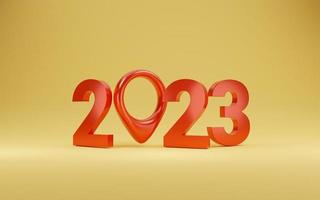 rojo 2023 con icono de ubicación en fondo amarillo para la preparación de feliz año nuevo y configurar el concepto de destino objetivo objetivo por 3d render. foto