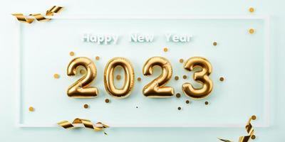 Golden 2023 helium balloon with gold confetti and ribbon for preparation happy new year and merry Christmas concept by element festive poster design and  realistic 3d render. photo