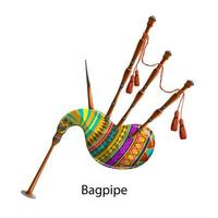 Vector image of a bagpipe in bright colors and tassels on a white background. In cartoon style. Concept. EPS 10