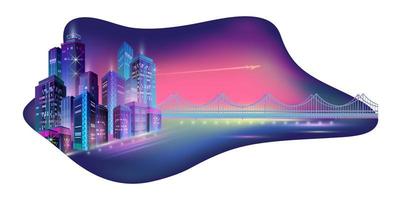 Night City Panorama with Neon Glow. Vector. vector