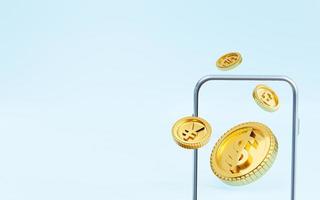 Golden coins include dollar Yen yuan Euro and pound sterling with mobile phone frame for currency exchange trading concept by 3d render. photo