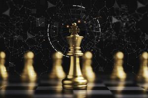 Golden king chess encounter with gold chess enemy on dark background and connection line for strategy idea and futuristic concept photo