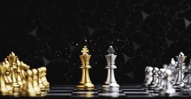 encuentro de ajedrez rey dorado con enemigo de ajedrez rey plata sobre fondo oscuro y línea de conexión para idea de estrategia y concepto futurista foto
