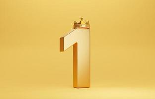 Golden number one with gold crown for champion or the winner on yellow background by 3d render. photo