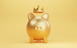 cerdito dorado con corona sobre fondo amarillo para el concepto de inversión de ahorro y beneficio por renderizado 3d.