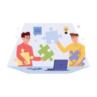 Persons with puzzle pieces, concept of problem solving flat illustration vector