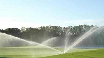 aspersor automático de agua a alta presión en el campo de golf que riega el césped video